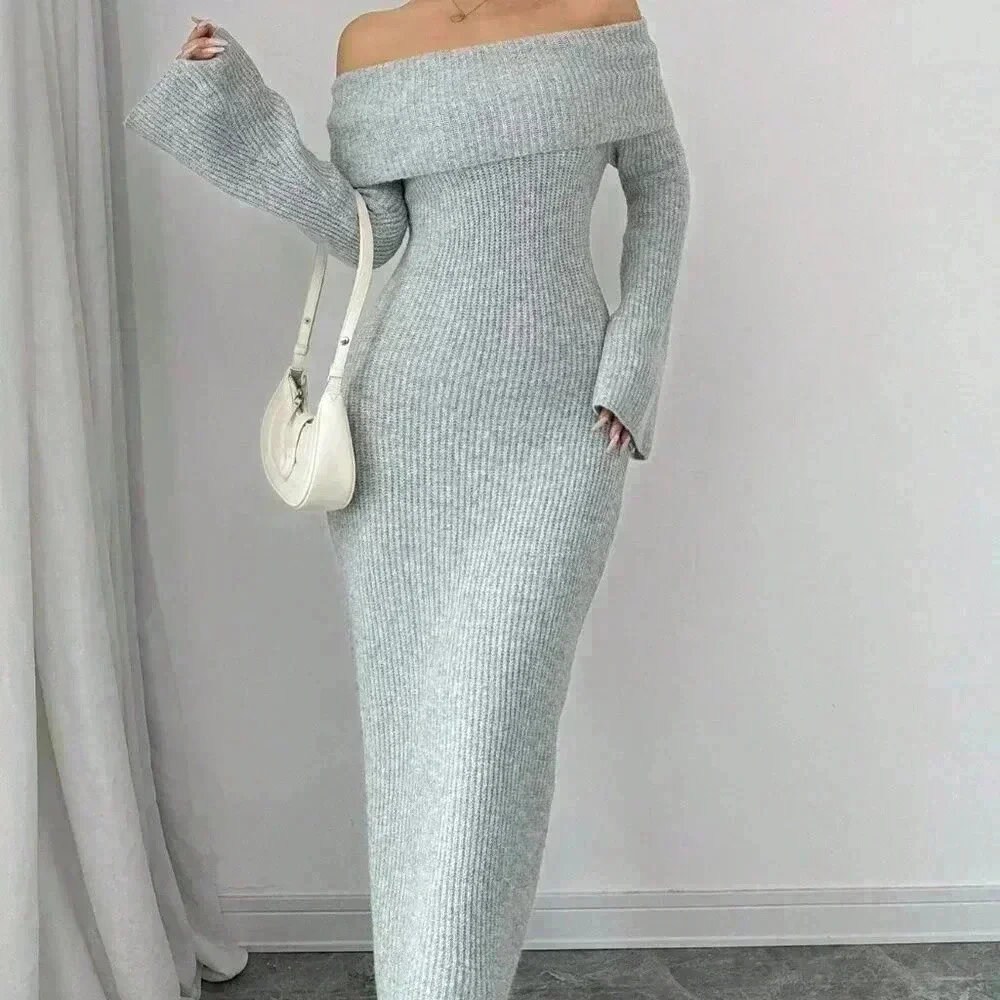 Grey Elegant Women's Off-Shoulder Long Sleeve Dress